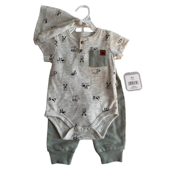 0/3 baby boy 3-piece pant set NWT, Rene Rofe Green and cream w/puppies - Picture 1 of 3